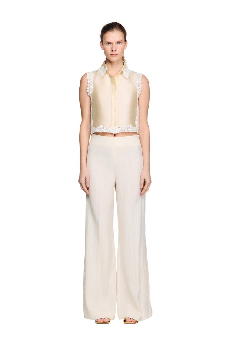Buttoned-slit straight-leg trousers, Alternate, color, Ecru