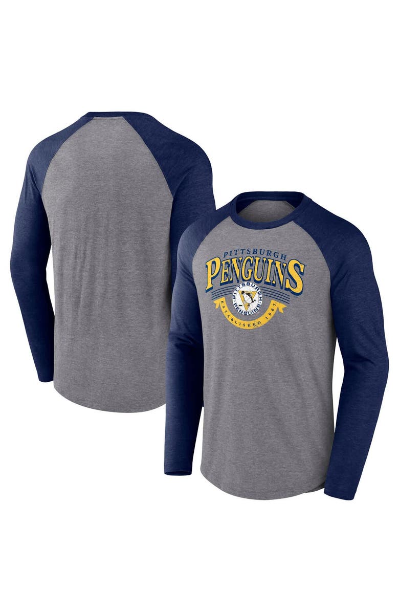 FANATICS Men's Fanatics Heather Gray/Heather Navy Pittsburgh Penguins Goal Crease Raglan Tri-Blend Long Sleeve T-Shirt, Alternate, color, Heather Gray