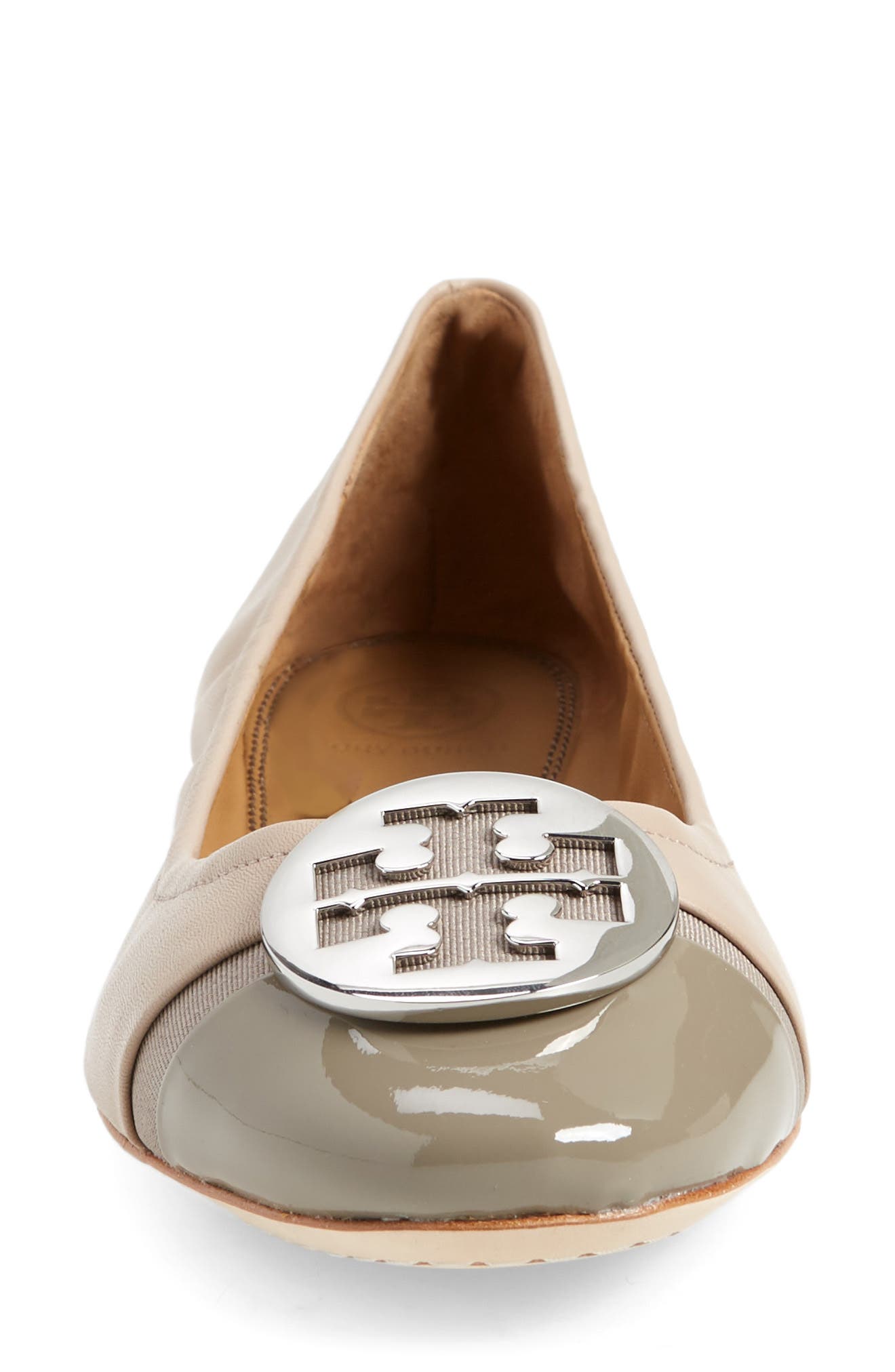 Minnie Logo Medallion Cap Toe Ballet Flat, Alternate, color, LIGHT TAUPE / GRAY HERON