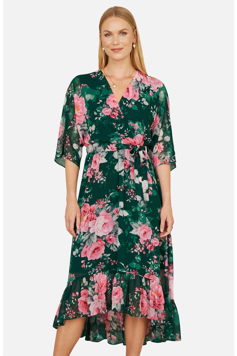 Midi Dip Hem Wrap Midi Dress, Alternate, color, Green