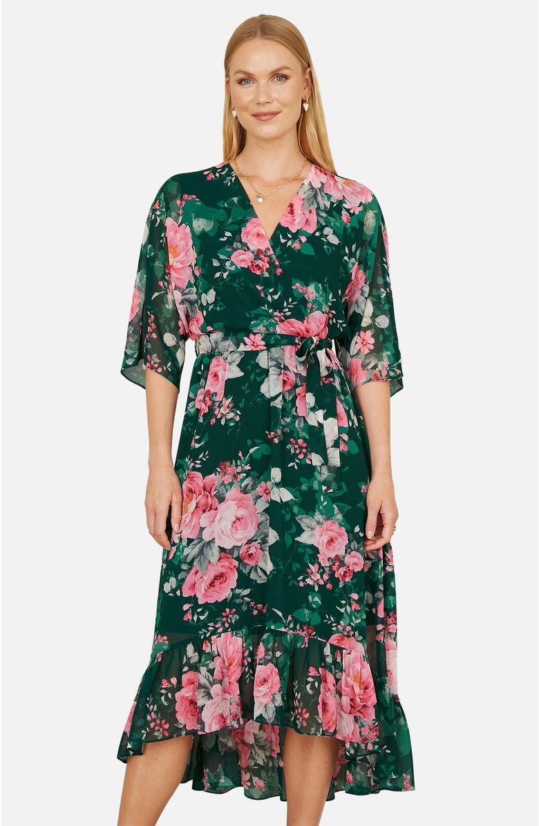 Yumi Midi Dip Hem Wrap Midi Dress, Alternate, color, Green