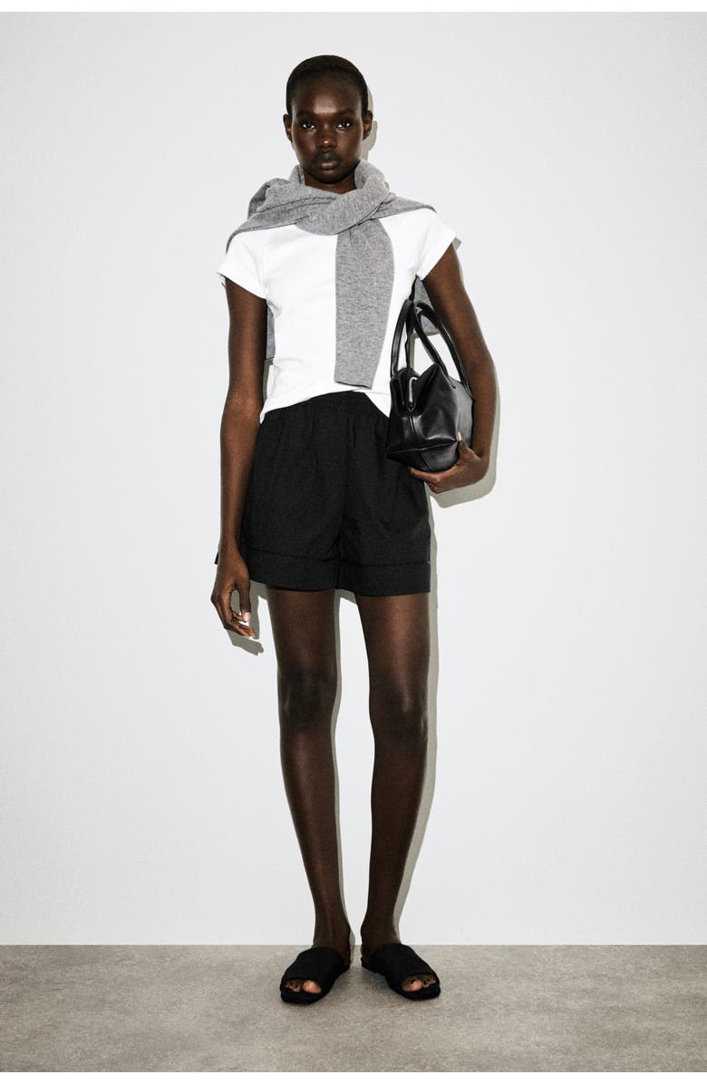 COS Elasticated Grosgrain-detail Cotton Shorts, Main, color, Black