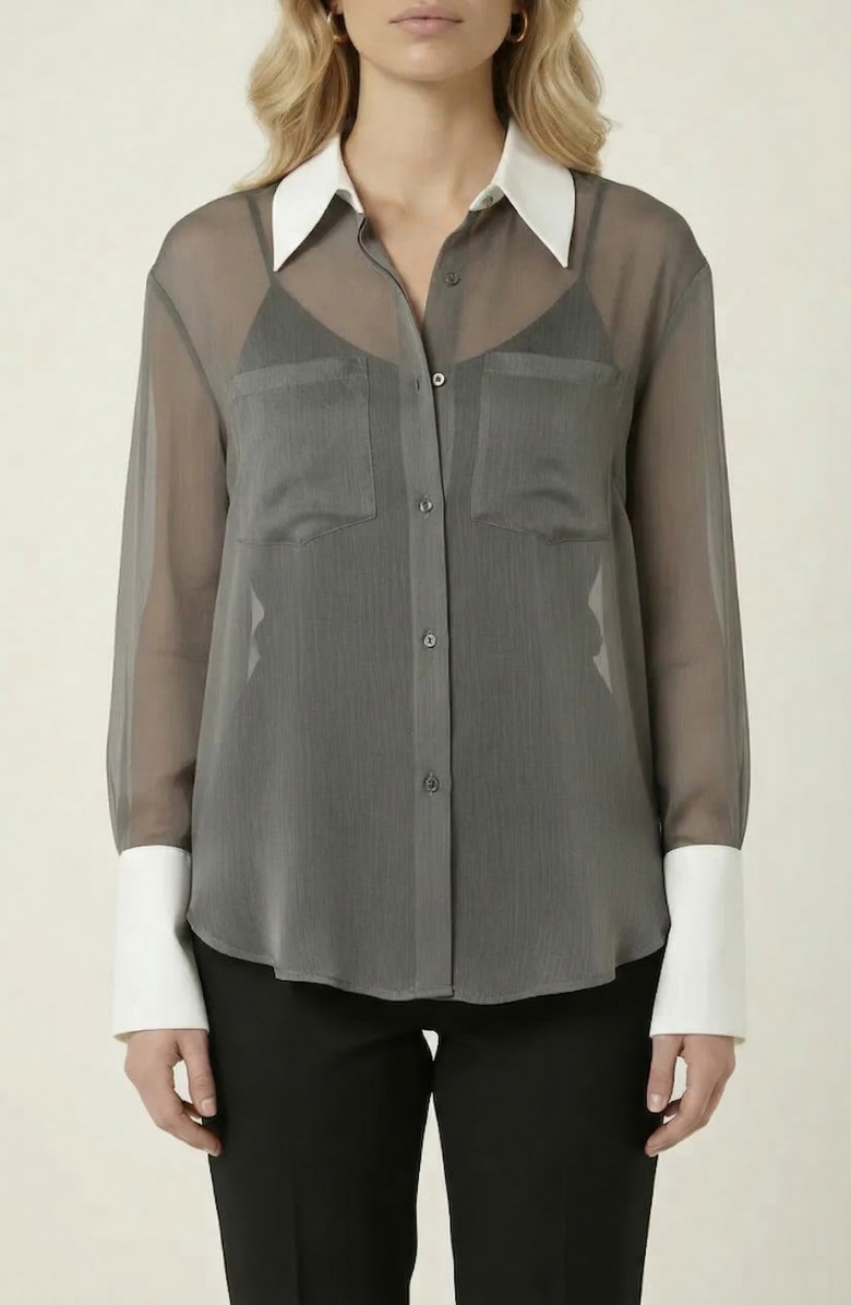 Modenaire Sheer Button-Up Contrast Collar and Cuff Detail Blouse, Main, color, Charcoal Grey