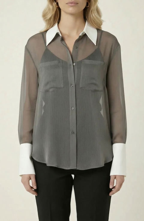 Sheer Button-Up Contrast Collar and Cuff Detail Blouse