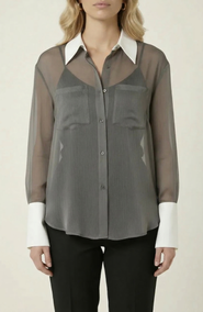 Modenaire Sheer Button-Up Contrast Collar and Cuff Detail Blouse