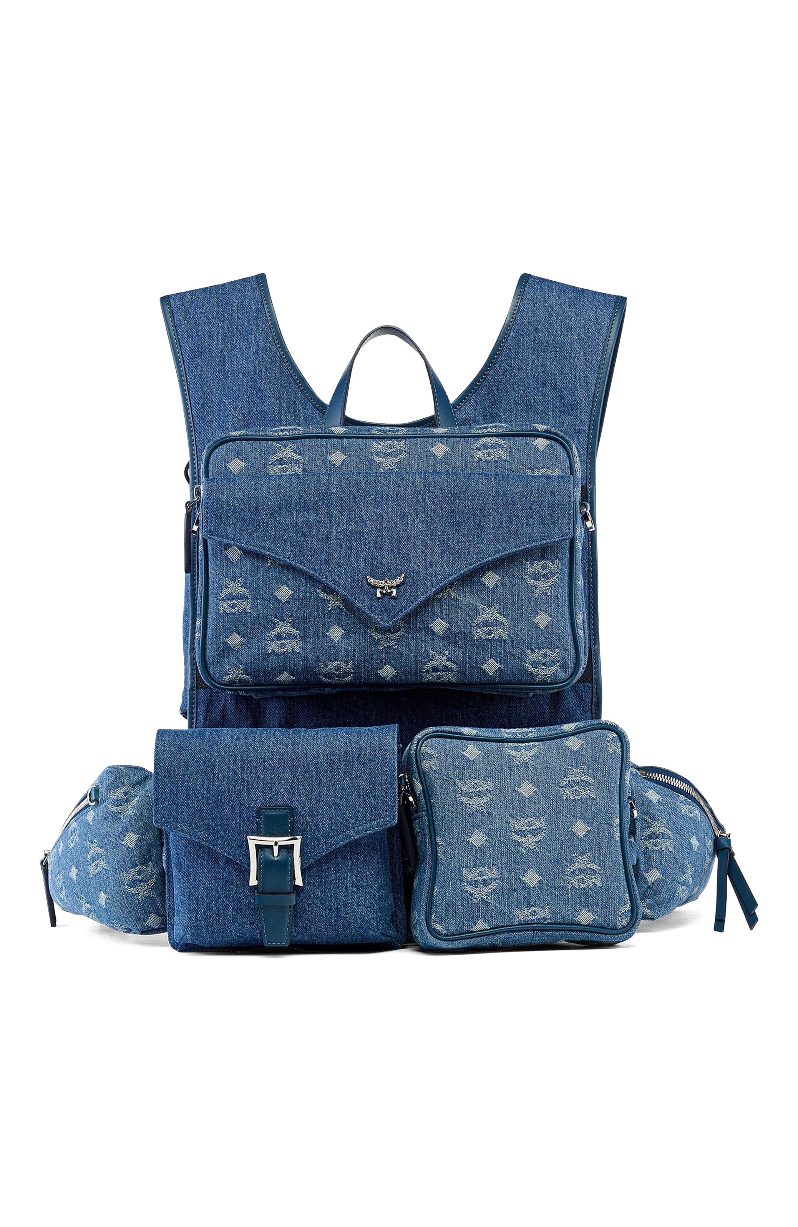 MCM Aren Multi-Backpack in Monogram Denim Jacquard, Main, color, Blue
