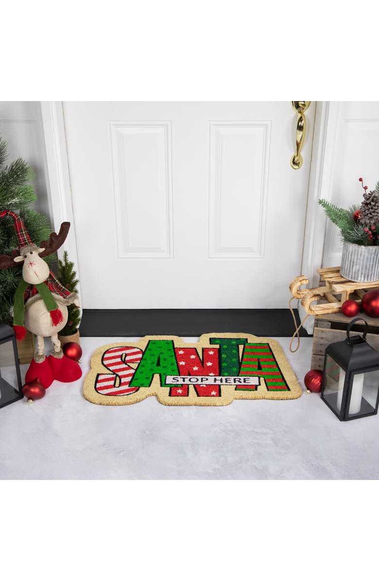 Northlight Red and Green "Santa Stop Here" Outdoor Christmas Doormat 18" x 30", Alternate, color, Green