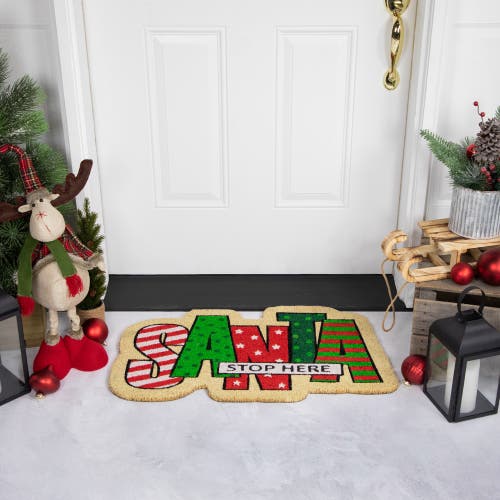 Northlight Red And Green "santa Stop Here" Outdoor Christmas Doormat 18" X 30" In Multi