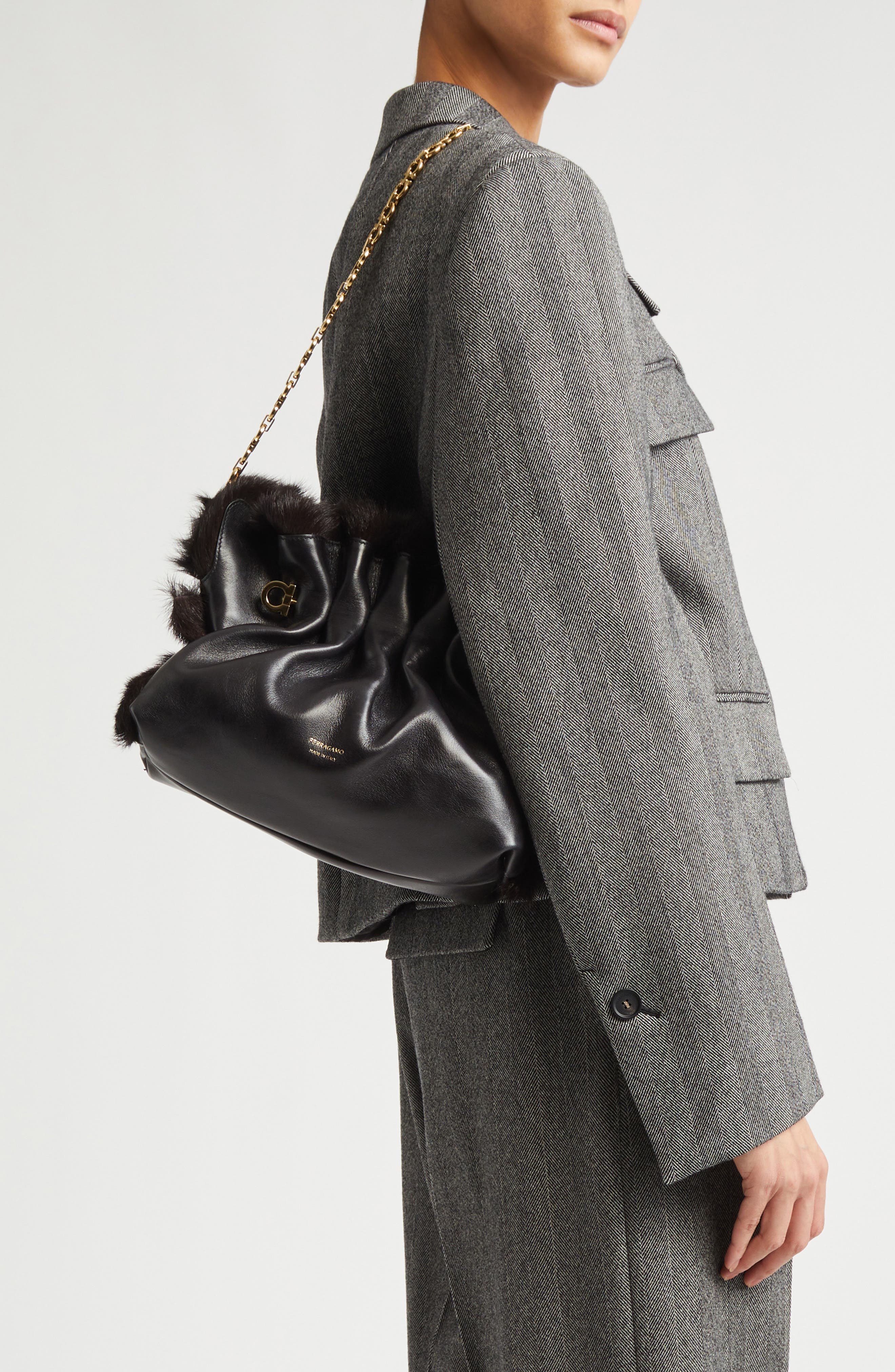 FERRAGAMO Small Gancio Piercing Soft Leather & Genuine Shearling Shoulder Bag, Alternate, color, Nero