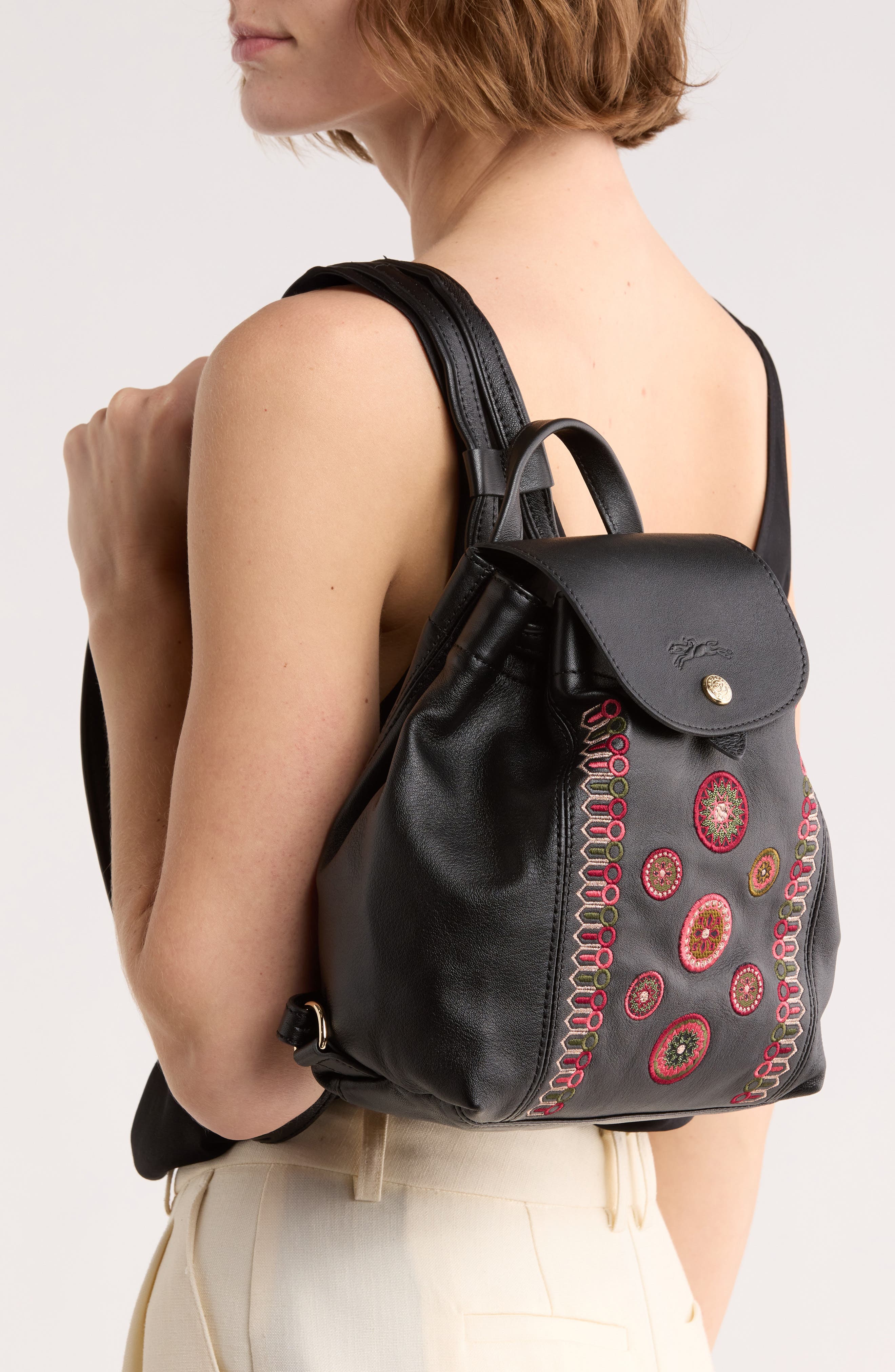 Longchamp Embroidered Leather Backpack, Alternate, color, Black/Fig/Khaki