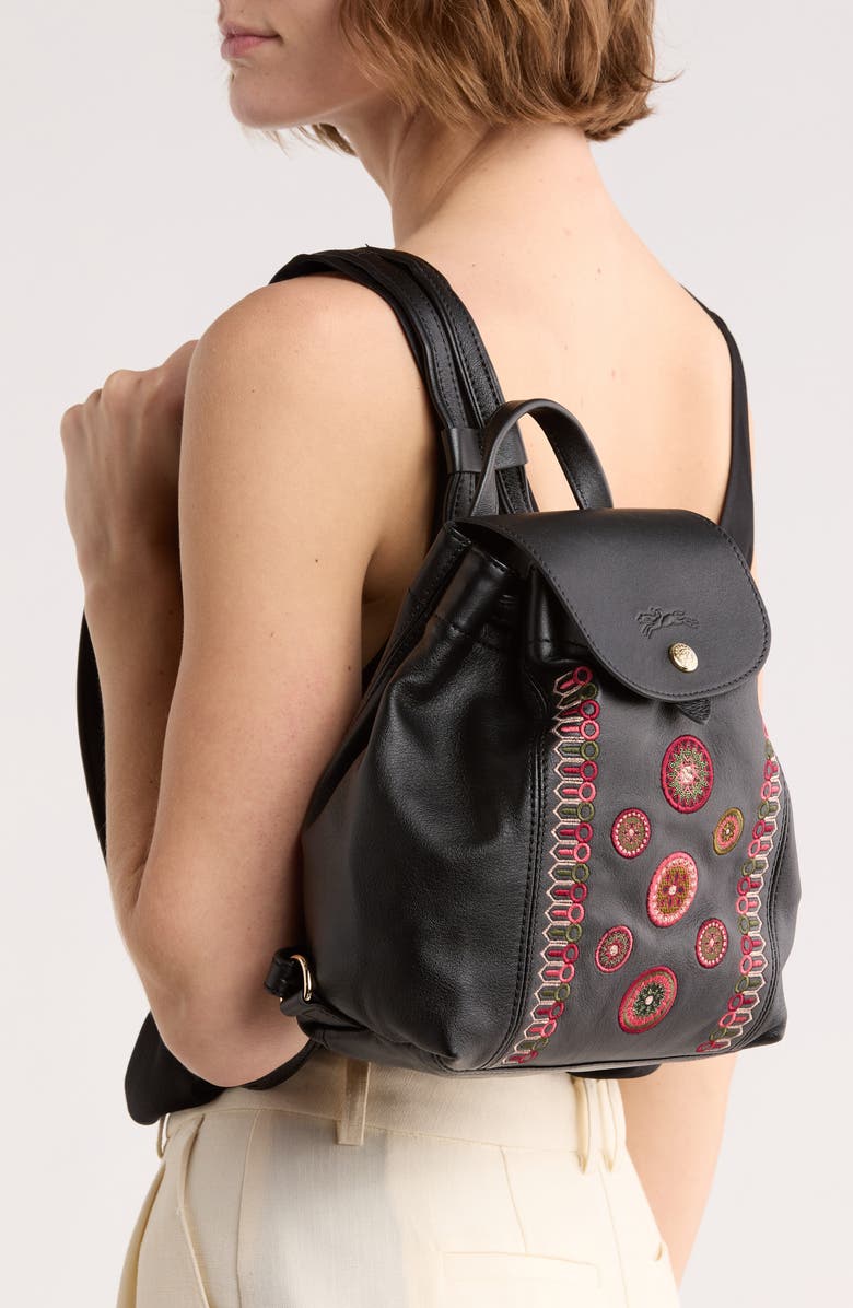 Longchamp Embroidered Leather Backpack, Alternate, color, Black/Fig/Khaki