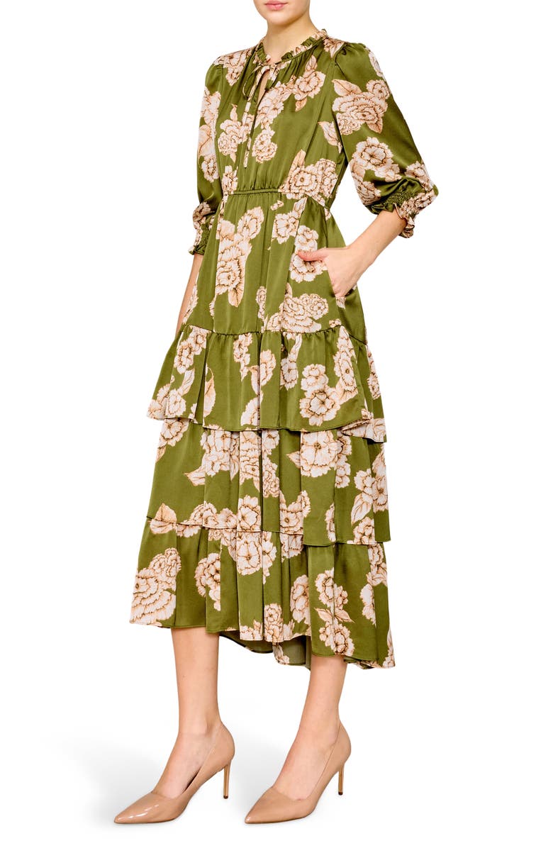 MELLODAY Floral Tiered Satin Midi Dress, Alternate, color, 