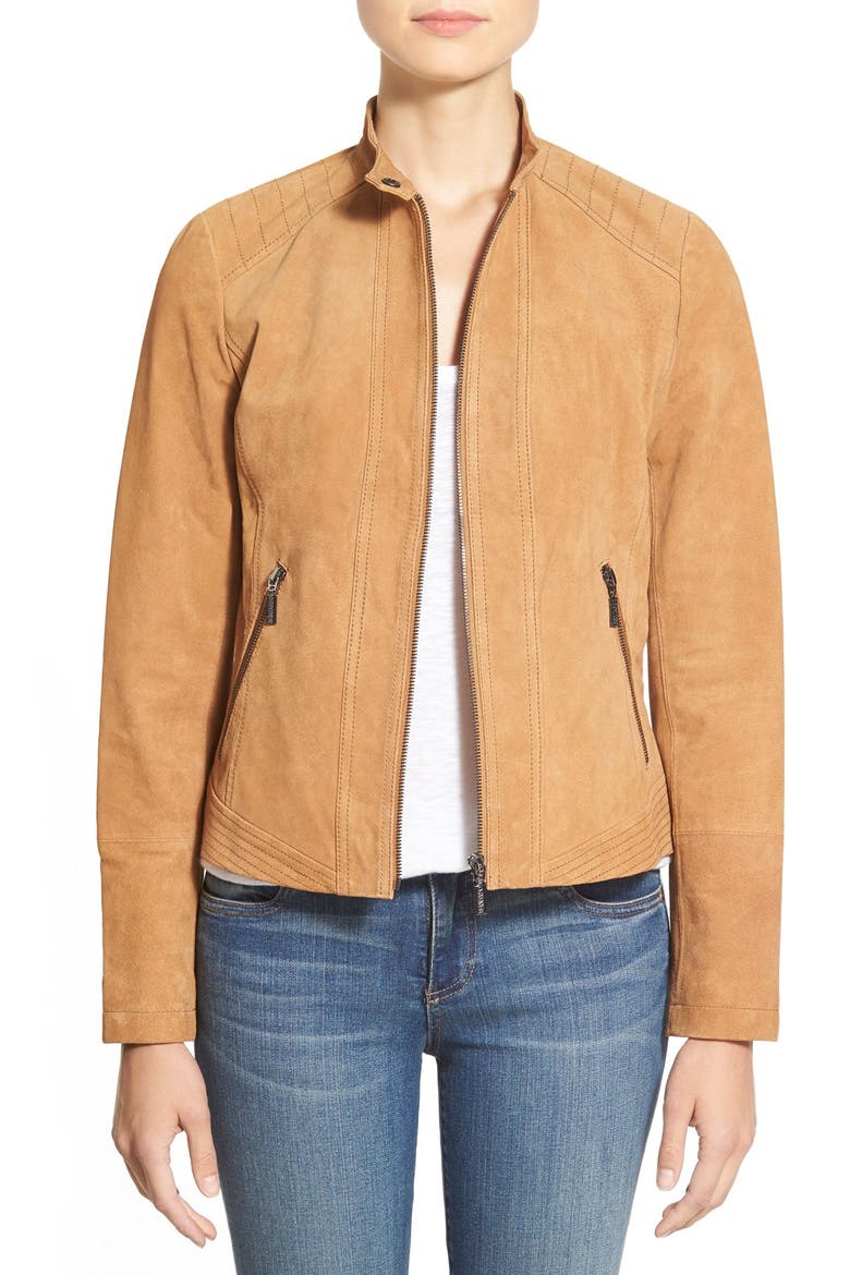 Zip Front Suede Jacket, Main, color, CAMEL