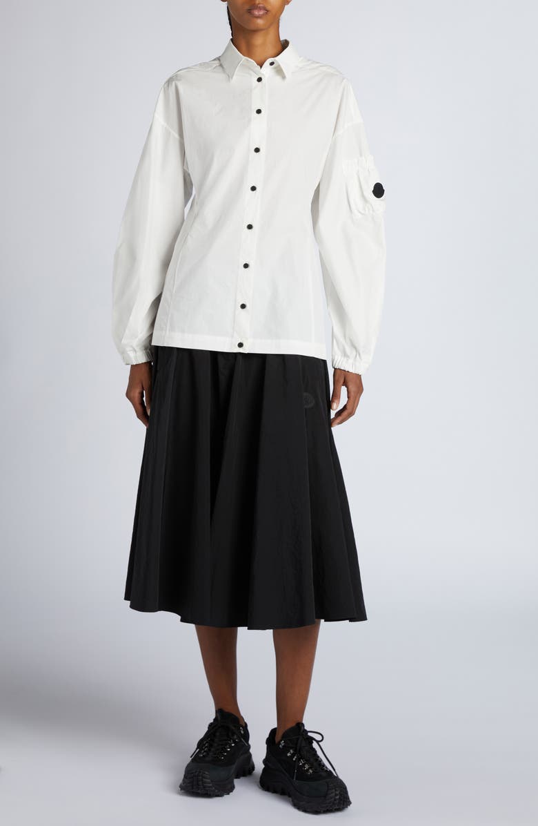 Moncler Logo Balloon Sleeve Cotton Button-Up Shirt, Alternate, color, Bright White