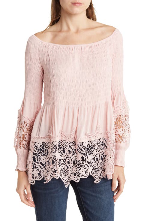 Crochet Trim Smocked Off-The-Shoulder Top