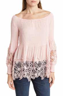 Forgotten Grace Crochet Trim Smocked Off-The-Shoulder Top