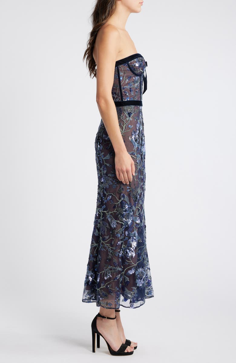 Marchesa Notte Floral Sequin Strapless Dress, Alternate, color,