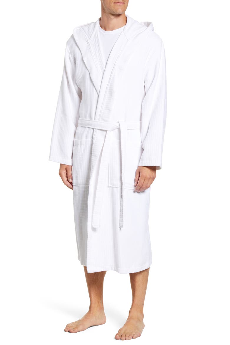 Basket Weave Hooded Cotton Terry Robe, Main, color, WHITE