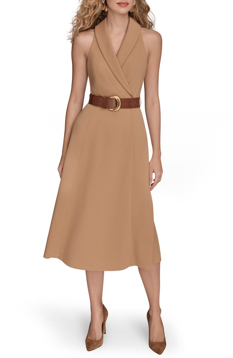 Donna Karan New York Sleeveless Belted A-Line Dress, Main, color, Fawn