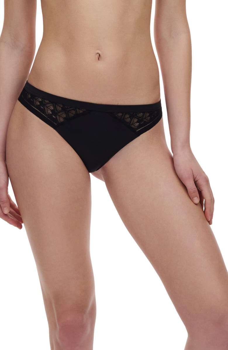 Chantelle Lingerie Ace Lace Trim Thong, Main, color, Black