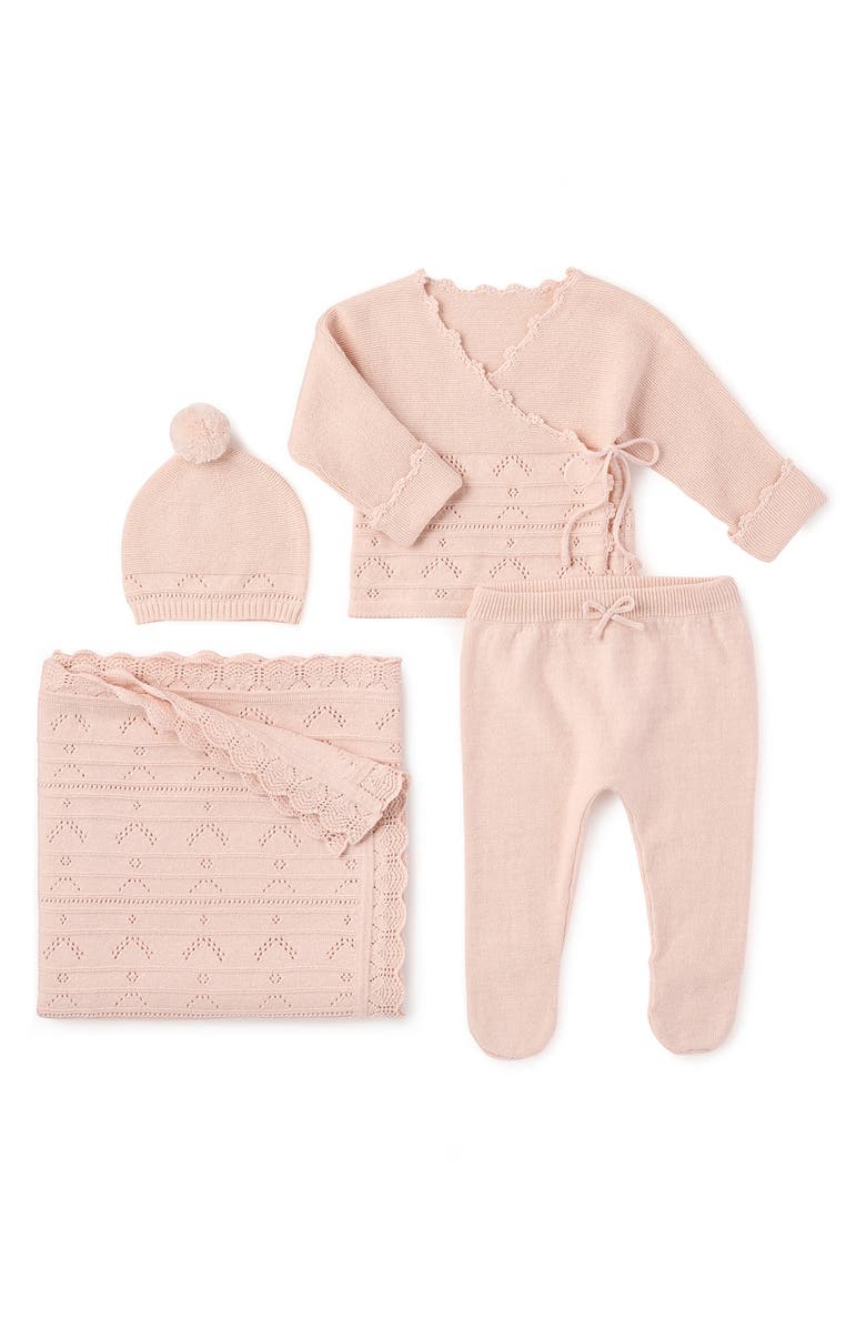 Elegant Baby Organic Cotton & Cashmere Pointelle Hat, Top, Pants & Blanket Set, Main, color, Pink