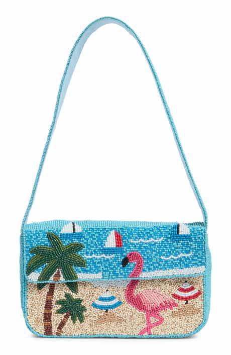 Beaded Flamingo Beach Scene Shoulder Bag