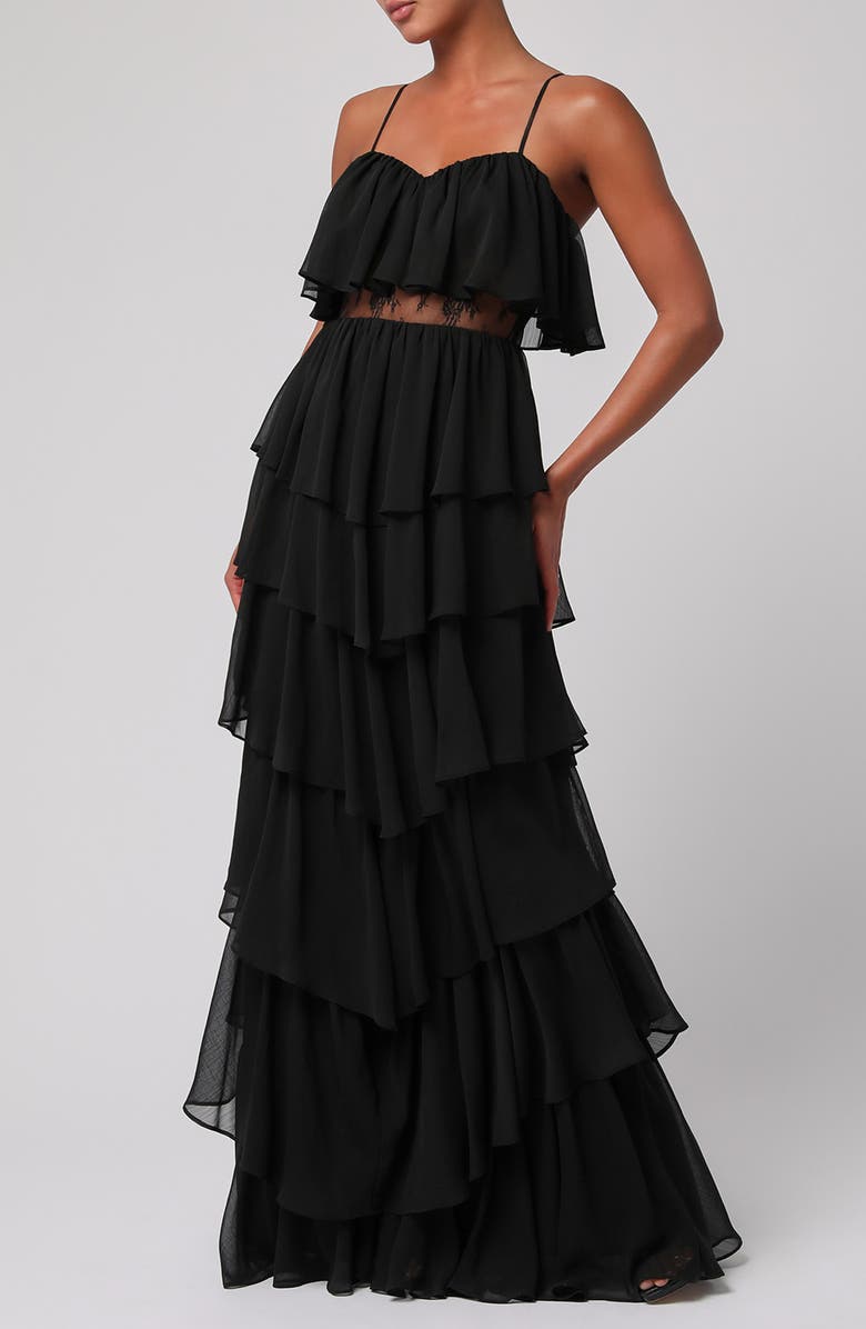 Lulus Serafina Tiered Midi Dress, Main, color, Black