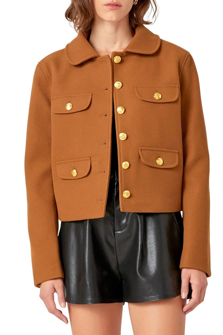Button Front Crop Blazer, Main, color, OLIVE BROWN