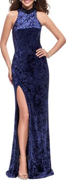 La Femme Long Crushed Velvet Prom Dress with Beaded Choker