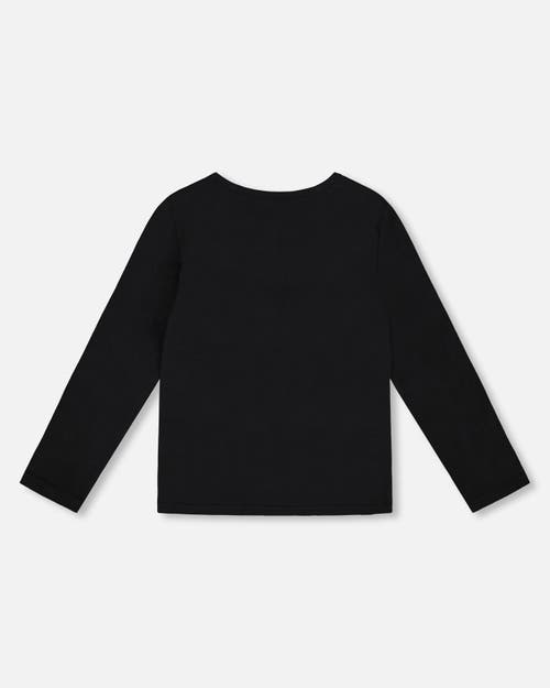 Deux Par Deux Long Sleeve Organic Cotton Jersey Bow Tee In Black