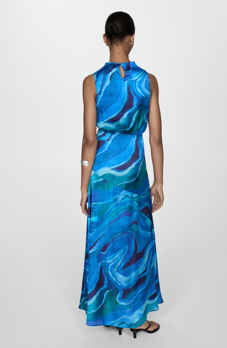 MANGO Abstract Print Sleeveless Satin Maxi Dress, Alternate, color, Blue