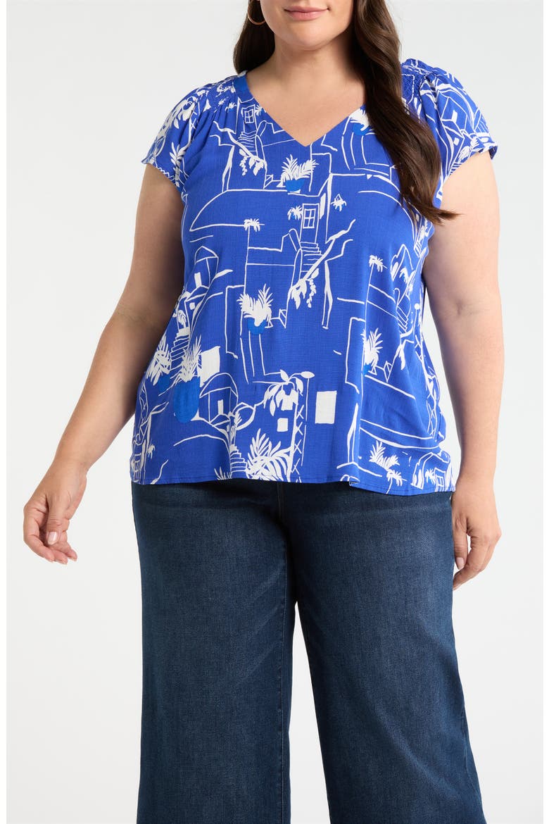 Town Print Smocked Top, Main, color, WHITE/ BLUE MULTI