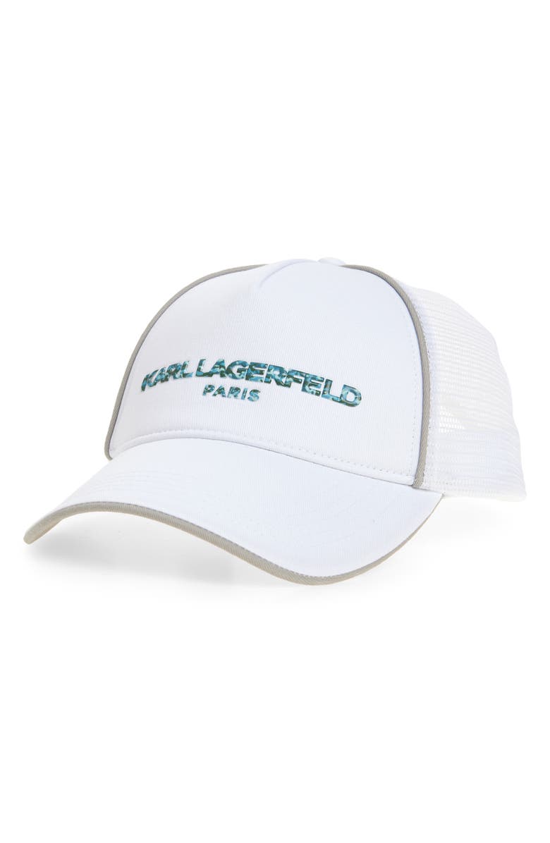 KARL LAGERFELD PARIS Logo Embroidered Trucker Hat, Main, color, 