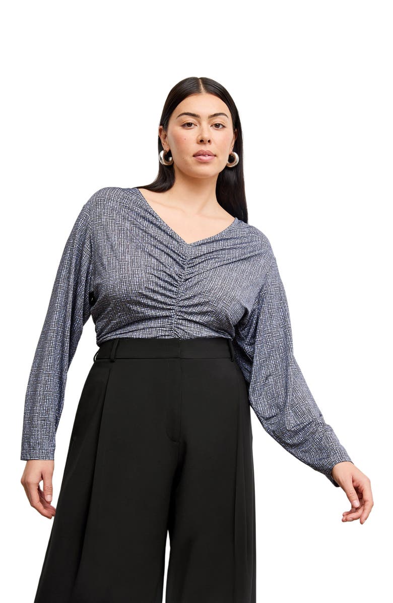 M.M.LaFleur Amina Printed Jersey Ruched Top, Alternate, color, Blueprint Sketch