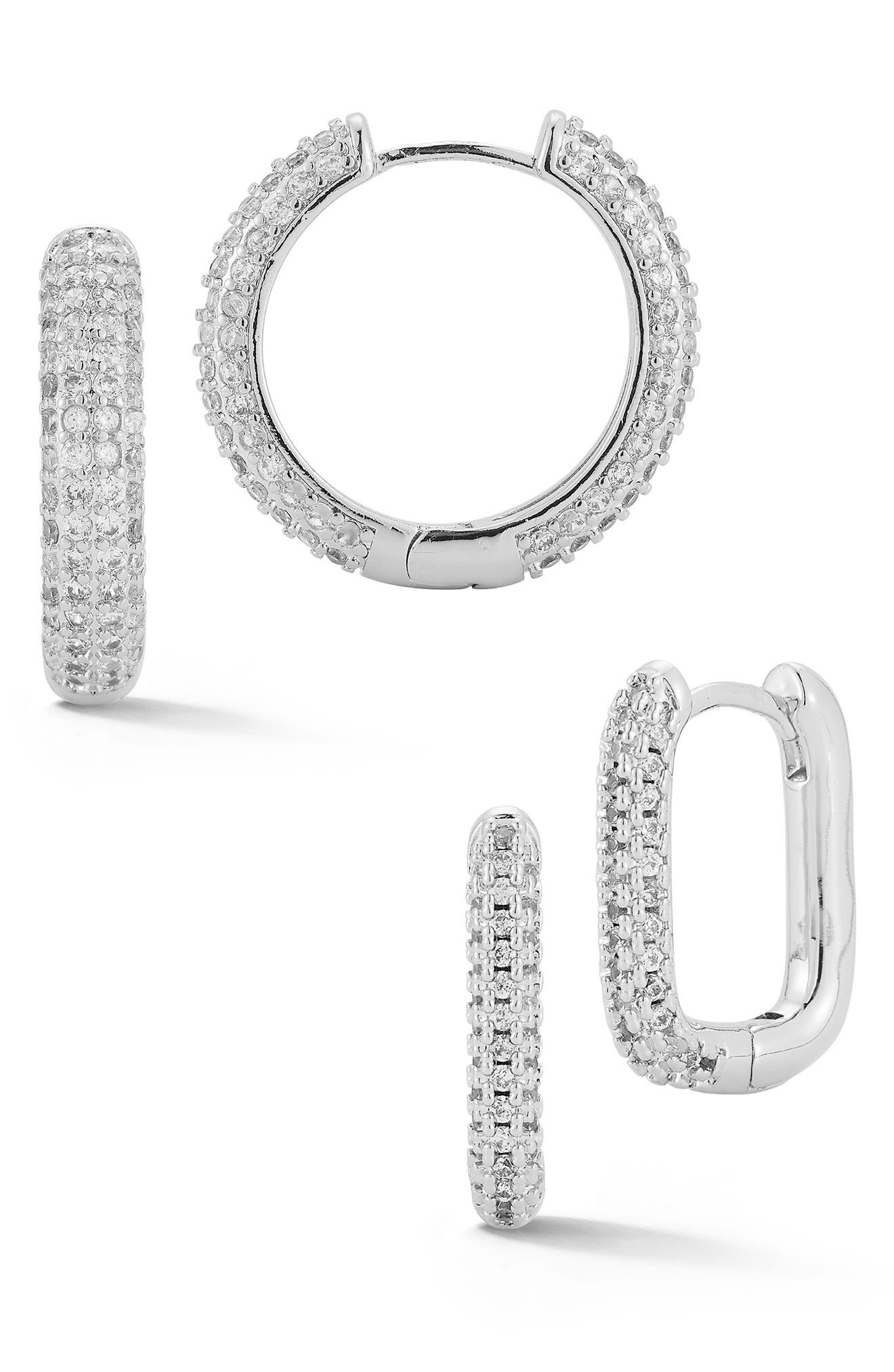 Set of 2 Pavé Cubic Zirconia Huggie Hoop Earrings