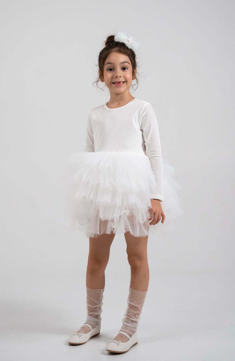 Mini Celebrities Jolie Long Sleeve Velvet Tutu Dress, Main, color, White Lily