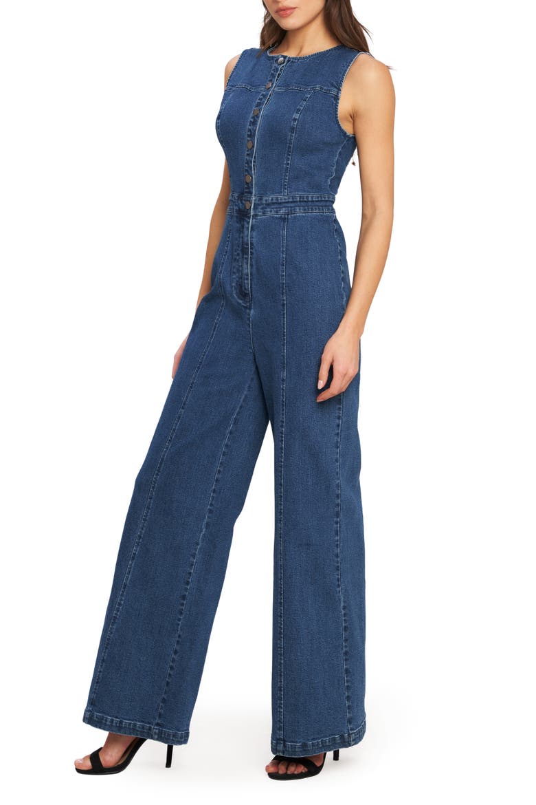 Buttoned Denim Jumpsuit, Alternate, color, MEDIUM INDIGO