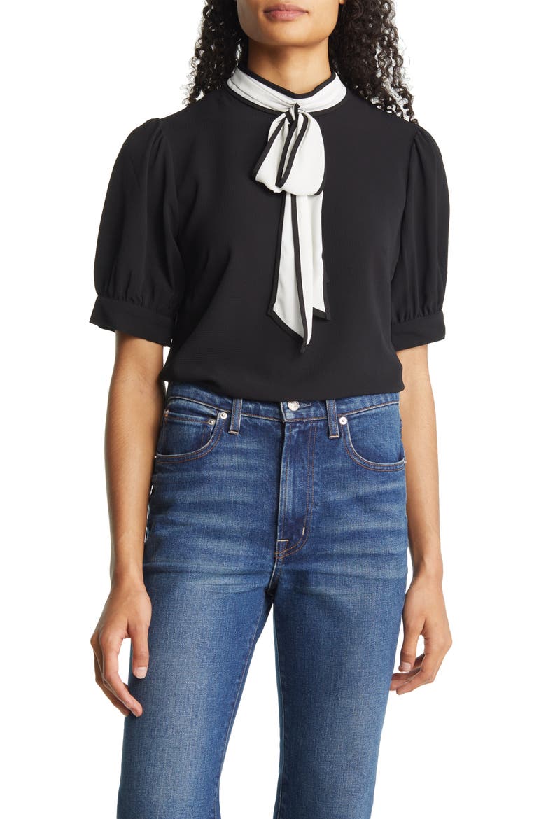 Tie Neck Puff Sleeve Blouse, Main, color, RICH BLACK