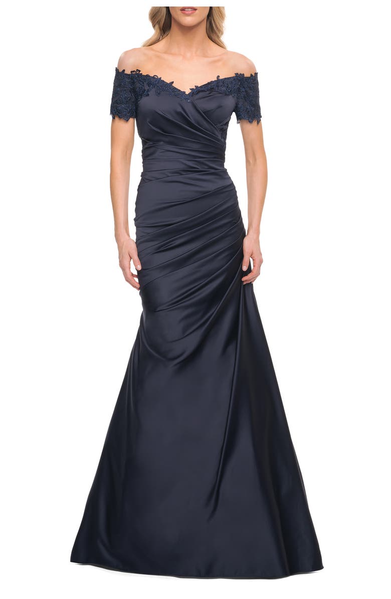 La Femme Off the Shoulder Satin and Lace Mermaid Pleated Gown, Main, color, Navy
