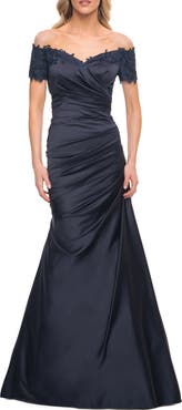 La Femme Off the Shoulder Satin and Lace Mermaid Pleated Gown