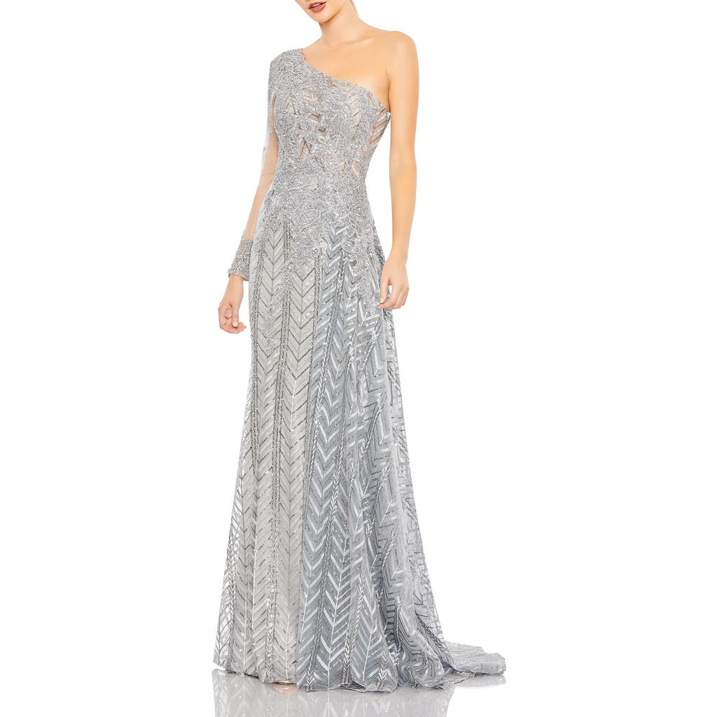Mac Duggal One-shoulder Hand-beaded Mesh Dress In Silver
