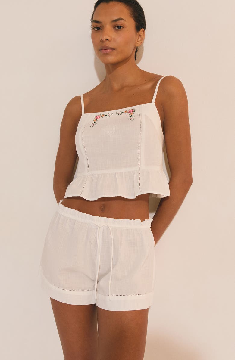 Etam Orphee Embroidered Crop Cotton Pajama Camisole, Alternate, color, Ecru
