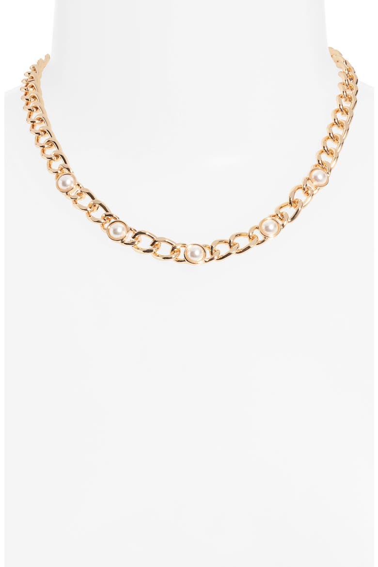 Imitation Pearl Accent Curb Chain Necklace, Alternate, color, WHITE- GOLD