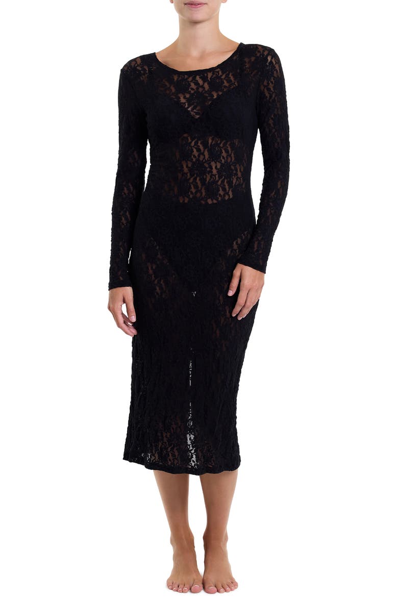 Signature Long Sleeve Sheer Lace Midi Dress, Main, color, BLACK