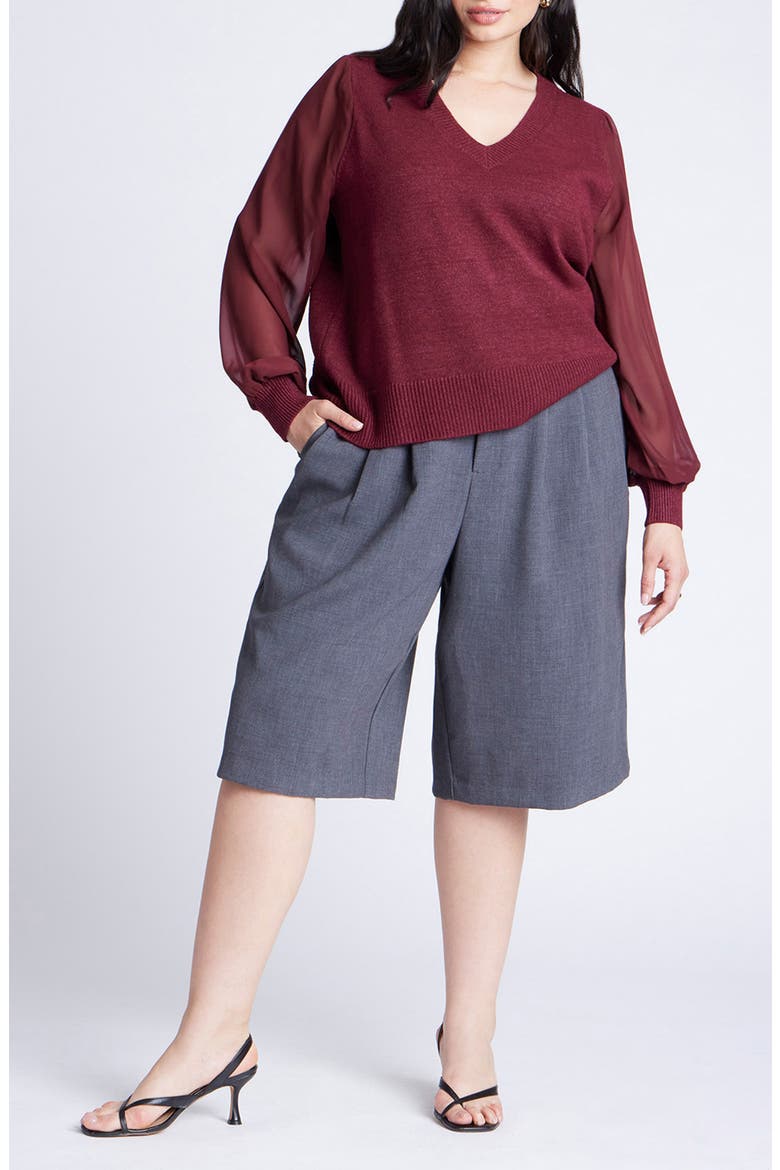 Sheer Sleeve V-Neck Sweater, Alternate, color, BORDEAUX