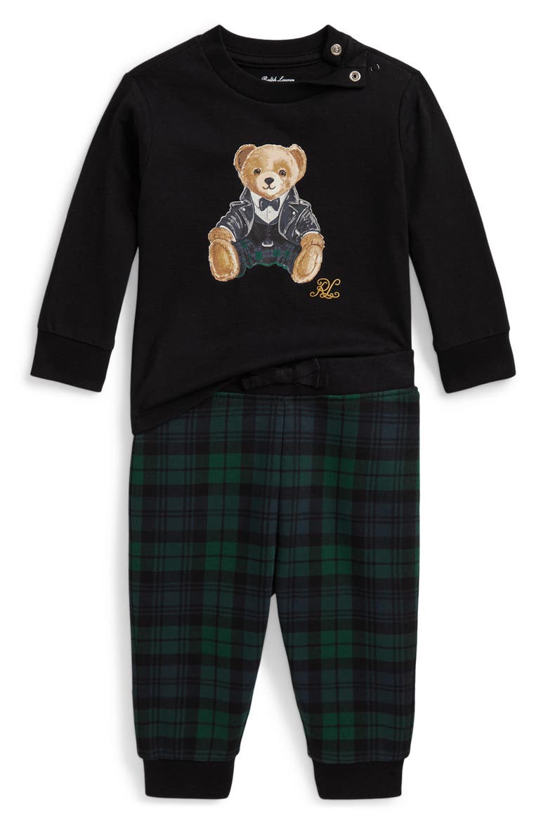 Kids' Polo Bear Tee & Plaid Fleece Pant Set, Main, color, REFINED NAVY
