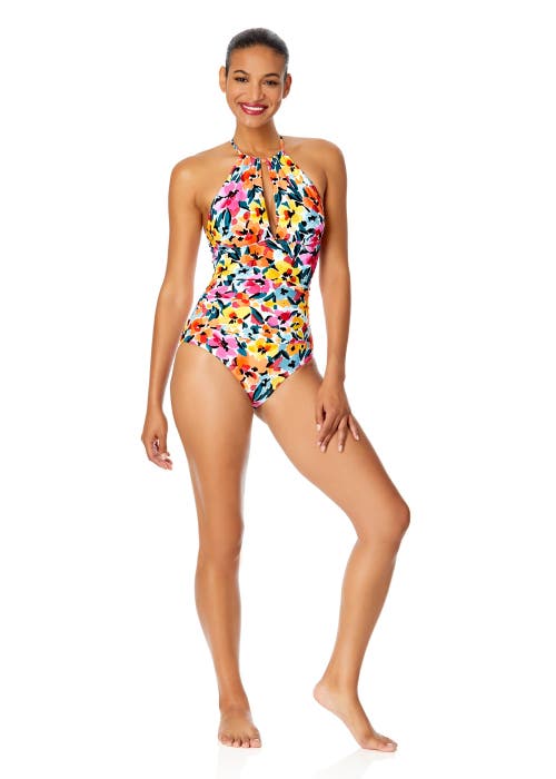 Shop Anne Cole Watercolor Paisley High Neck With Ruffled Straps One Piece Swimsuit In Gradient Floral