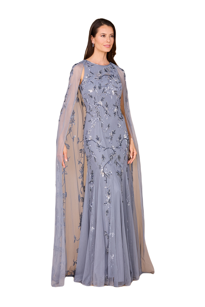 Mermaid Beaded Dress with Long Cape, Main, color, DustyPeriwinkle