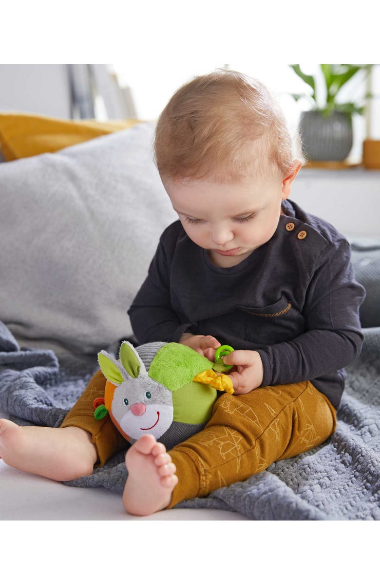 HABA Bunny Baby Ball Toy with Crinkle Ears and Rattle Rings, Alternate, color, Multi