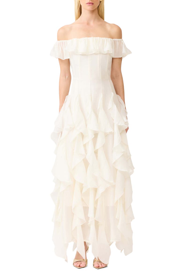 Yvette Off the Shoulder Ruffle Gown, Main, color, WHITE